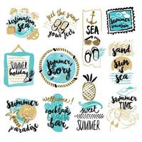 Set of hand drawn watercolor badges and stickers of summer. Vector illustrations for summer holiday, travel and vacation, restaurant and bar, menu, sea and sun, beach vacation and party.