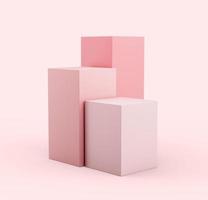 Pink geometric cubes, stands and empty walls, realistic 3d illustration. Minimalist blank scene with square shapes, modern 3d illustration photo
