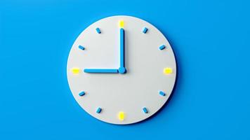 reloj de tiempo analógico blanco sobre fondo azul pastel, estilo minimalista moderno para aguja de hora retroiluminada de banner, volante, afiche o sitio web de 9 en punto y 0 minutos. representación 3d ilustración 3d foto