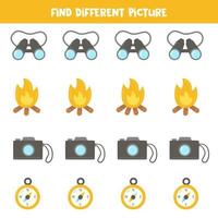 Find camping object which is different from others. Worksheet for kids. vector