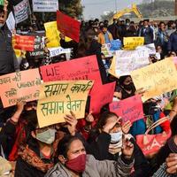 New Delhi, India December 25 2021 - Delhi Contractual Guest Teachers with posters, flags and graffiti protesting against Delhi AAP Government for making policy, Delhi Guest Teachers protesting photo