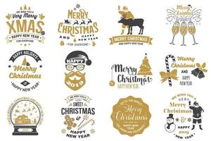 Set of Merry Christmas and Happy New Year stamp, sticker set with snowflakes, hanging christmas ball, santa hat, candy. vector
