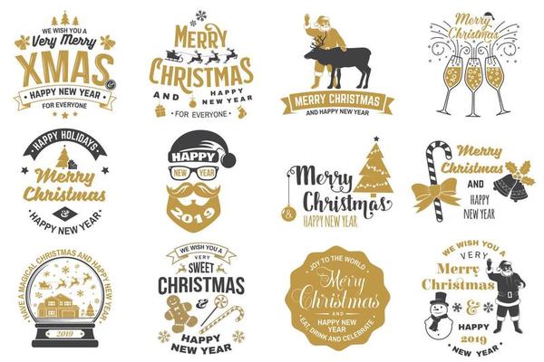 Set of Merry Christmas and Happy New Year stamp, sticker set with snowflakes, hanging christmas ball, santa hat, candy.