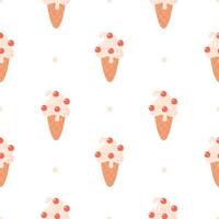 Ice cream seamless pattern. Vanilla ice cream in waffle cone with cherry vector
