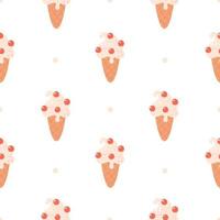 Ice cream seamless pattern. Vanilla ice cream in waffle cone with cherry vector