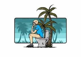 Skeleton man sit on outdoor toilet illustration vector