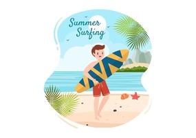 Summer Surfing of Water Sport Activities Cartoon Illustration with Riding Ocean Wave on Surfboards or Floating on Paddle Board in Flat Style vector