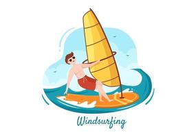 windsurf de verano de actividades deportivas acuáticas ilustración de dibujos animados con paseos en las olas apresuradas o flotando en una tabla de remo en estilo plano