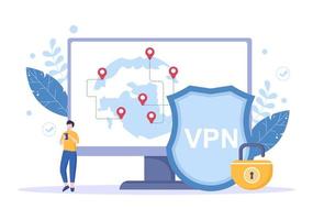 vpn o servicio de red privada virtual ilustración vectorial de dibujos animados para proteger, seguridad cibernética y asegurar sus datos personales en teléfonos inteligentes o computadoras vector