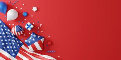 4th of july usa Independence day labor day and memorial day banner design of american flag and balloon with gift box 3D render photo