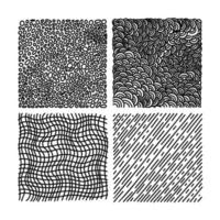 Hand drawn vector textures with different shapes. Abstract vector backgrounds with dots, lines, stripes, and strokes in black and white