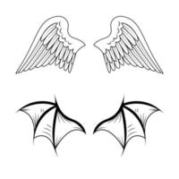 vector de dibujo de alas de ángel y demonio. ala, plumas de pájaro, cisne, águila. murciélago, colección de arte lineal de siluetas de vampiros. mostrando gárgola, demonio, diablo garabato. bocetos para un tatuaje