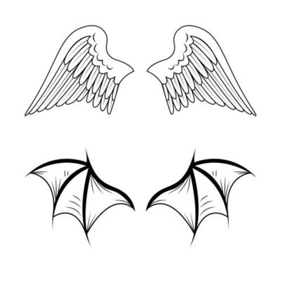 Angel and demon wings sketch vector. Wing, feathers of a bird, swan, eagle.  Bat, line art collection of vampire silhouettes. Showing gargoyle, demon,  devil doodle. Sketches for a tattoo 9262193 Vector Art