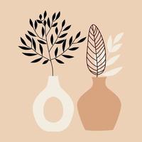 Palm leaves and leaves of ornamental plants in a vase, in an arch. Tropical background. Exotic composition on a beige background vector