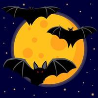 Bats with red eyes against the background of the moon and the night sky. Creepy illustration. Halloween. Vector drawing