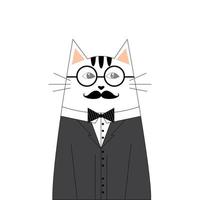 Serious elegant cat character with a mustache, wearing round glasses and tailcoat. Print, sticker. Children's illustration. Vector illustration isolated on white background