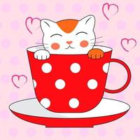 Cute white cat characters in a coffee cup. Cartoon character in doodle style. Vector illustration