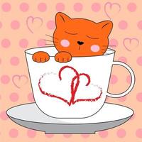 Cute characters red cat in a coffee cup. Cartoon character in doodle style. Vector illustration