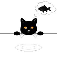 A sad hungry black cat looks at an empty plate and dreams of a fish. The cat wants to eat. Cute character. T-shirt print. Vector illustration isolated on white background