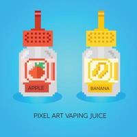 Sabores de e-líquido de píxeles. jugo de vape pixelart o signos de jugo de vape. conjunto de e-líquido para vaporizador, botella de píxeles con sabor a fruta vector