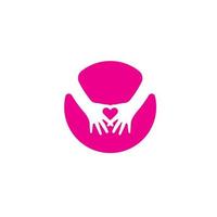 logo de cuidado infantil, mano pequeña sosteniendo en silueta de mano grande en fondo de círculo rosa vector