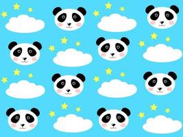 Cute seamless pattern with pandas, stars and clouds. Background for children vector