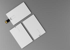Blank white plastic wafer usb card design mockup, 3d rendering. Visiting a flash drive business card mock up. Disc gift presentation. photo