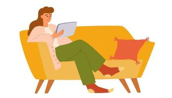 Woman sitting with laptop on the couch. Cozy scandinavian home interior. Girl spending time online. Daily life of social media networks user. Rest at home. Living room interior. Vector illustration.