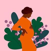 chica negra embarazada. mujer negra embarazada con un vestido naranja. la futura madre abraza su vientre. ilustración vectorial vector