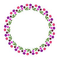Beautiful decorative frame of flowers. Pink flowers on a branch in a circle. Round floral frame for photo or text. Vector illustration isolated on transparent background