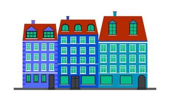 City life. Blue houses in the Scandinavian style. Landscape with building facades. Vector illustration isolated on white background