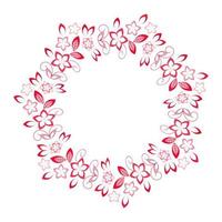 Red decorative round frame of flowers and leaves. Abstract floral ornament. Pattern design. Vector illustration isolated on transparent background