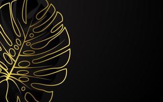 Black banner with a black monstera leaf with a golden border. Banner with place for text. Design for website header or landing page. Background design, wallpaper. Vector illustration