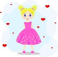 Little cute blonde girl in a pink dress with white polka dots vector
