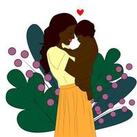 Mom and baby. A black woman holds her son in her arms. Mom hugs the child. Vector illustration