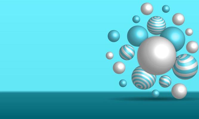 Abstract vector wallpaper with colorful 3d spheres on a turquoise background. Advertising banner design with place for text. Modern design for landing page