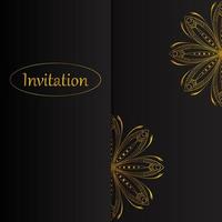 Elegant greeting card design on black background. Vintage floral invitation card template. Luxury swirl card. Golden mandala. Vector illustration