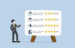 Employee assessment, performance review, or evaluation concept. Boss point to star rating board of each employee performance. vector