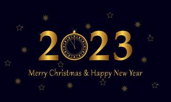 Happy New Year 2023. Elegant Christmas greeting with realistic golden metallic text and 3D clock. Vector illustration