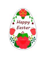 Happy Easter greeting card. Vector illustration of an Easter egg made of red spring flowers with inscription inside. Isolated on white background