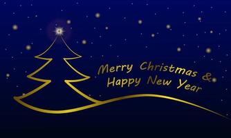 Shiny Merry Christmas and Happy New Year greeting card with golden Christmas tree shape and stars. Festive banner. Vector illustration