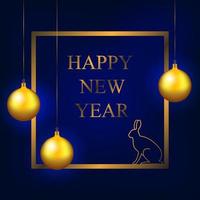 Happy New Year. Happy New Year of the Hare greeting card design. Golden frame and Christmas balls, hare silhouette. Vector illustration