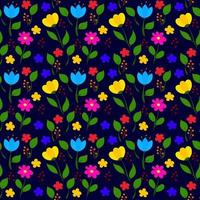 Elegant seamless pattern with flowers on a dark blue background. Childish design for fabric, wallpaper, wrapping paper, packaging. Vector illustration