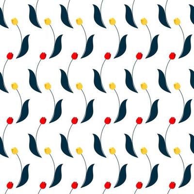 Trendy seamless vector floral pattern of tulips. Summer and spring motives. White background. Stock vector illustration.