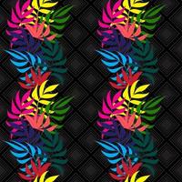 impresión de plantas exóticas de la selva de verano hojas de palma coloridas tropicales. sin fisuras, vector floral transparente sobre fondo geométrico negro. papel pintado de la naturaleza