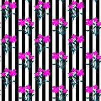 Trendy seamless vector floral pattern of pink flowers on a black and white striped background. Summer and spring motives. Stock vector illustration.