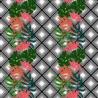 Print of summer exotic jungle plants tropical palm leaves. Pattern, seamless floral vector on black white geometric background. nature wallpaper.