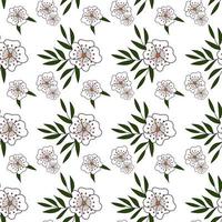 Seamless vintage pattern. Wonderful white flowers, dark green leaves on a white background. Vector texture. Trend print for textiles, wallpaper and packaging.