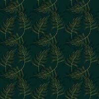 Golden tropical leaves drawing seamless pattern. Abstract Palm leaf line art, silhouette on luxury green color background. Creative tropics illustration for wallpaper, textile design. Vector art