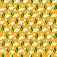 Seamless floral pattern of daisies on a yellow background. Design for textiles, clothes, wallpapers, backgrounds, postcards, wrapping paper. Vector illustration